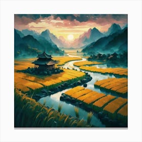 Beautiful views of rice fields, close to the river and surrounded by mountains, 4 Canvas Print