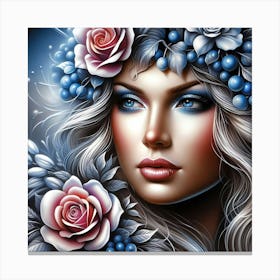 Beautiful Girl With Blue Roses Canvas Print