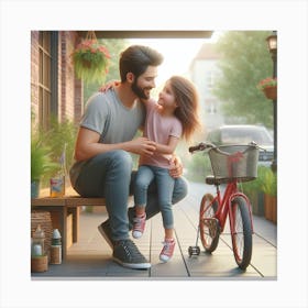 Father And Daughter Sitting On The Bench Canvas Print