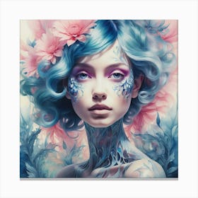 Girl With Blue Hair And Flowers Canvas Print