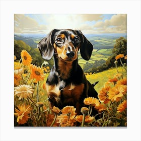 Dachshund Amongst Orange Flowers In Countryside 1 Canvas Print