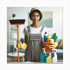 Housekeeper Holding Cleaning Supplies Canvas Print