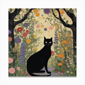Klimt Style, Black Cat In A Garden Art Print Canvas Print