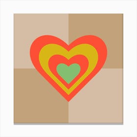 LOVE HEARTS CHECKERBOARD Single Retro Alt Valentines in Coral Yellow Green on Cream Beige Geometric Grid Canvas Print