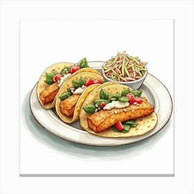 A Charming Watercolor Image Of A Plate Of Crispy And Flavorful Fish Tacos With A Side Of Coleslaw Canvas Print