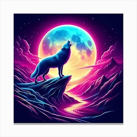 Neon Howling Wolf under moon Canvas Print