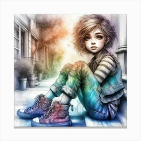 Little Girl Sitting On Steps 3 Canvas Print