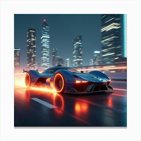 Futuristic Car With Jet Powered Engines, Zooming Through Glowing Cityscape 1 Canvas Print