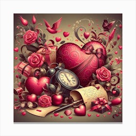 Valentines Day, Hearts And Flowers  Canvas Print