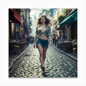 Girl Walks Down A Cobblestone Street Canvas Print