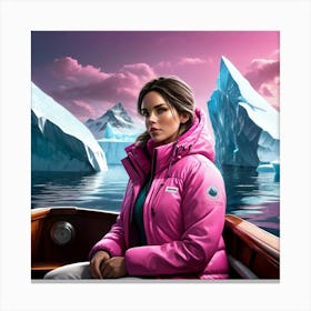 Woman in down jacket riding a boat, polar region, iceberg 1 Canvas Print