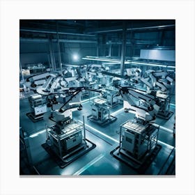 Aerial Drone View Capturing A Sprawling Futuristic Factory Panels Of Intricate Ai Control Systems B (4) Canvas Print