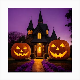 Halloween Pumpkins In Front Of A House Canvas Print