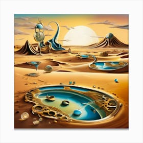 Surreal landscape melting pocket watches and a central figure resembling a mollusk, scattered across a barren desert Canvas Print