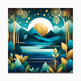 Abstract Landscape With Mountains And Trees, vector art Canvas Print