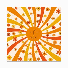 Smiling Orange Sunshine With Groovy Flowers Canvas Print