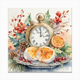 Clock With Oranges And Pine Cones Canvas Print