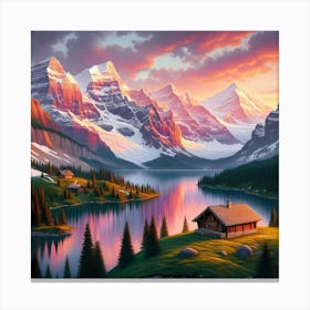 Sunrise At Swiss Alps With Cabin In Green Valley Painting Art Canvas Print