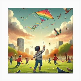 A Child Flying A Kite In A Park With Other Kids Playing In The Background 4 Canvas Print