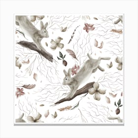 White Colorful Minimalist Wood Rabbit Floral Pattern Art Canvas Print Canvas Print