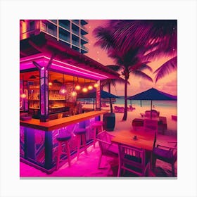 A Bar By The Beach At A Vacation Spot That Has Purple And Pink Colors In A Pop Art Style During The Night 4 Canvas Print