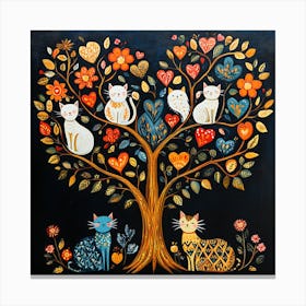 Folk Art Heart Tree Cat Climbing Artwork 8 Canvas Print