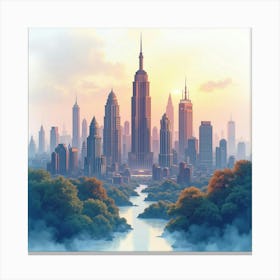 Watercolor Skyline Of A Bustling Fantasy City 1 Canvas Print