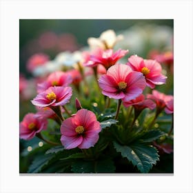 A Lush Garden Of Vibrant Pink And White Begonias With Morning Dew Canvas Print