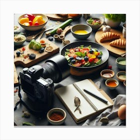 A Food Influencer’s Behind-the-Scenes: A View of a Camera and a Notepad on a Messy Table Canvas Print