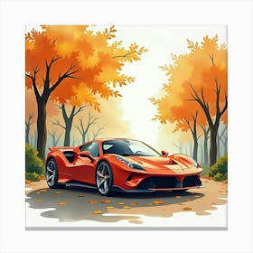 Chic Sports Car In A Tranquil Autumn Park, Watercolor Painting 1 Canvas Print