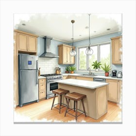 Inviting Watercolor Painting Of A Stylish Kitchen 1 Canvas Print