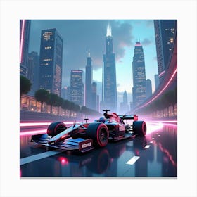 Formula Car Racing On A High Tech Floating Track In A City With Glowing Skyscrapers 1 Canvas Print