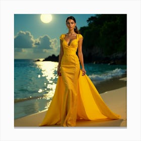 Beautiful Woman In Yellow Dress On The Beach Canvas Print