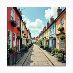 A Charming English Street With Colorful Row Houses And Flower Boxes 1 Canvas Print