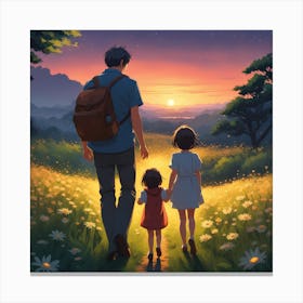 Illustration Style Hayao Miyazaki Young Father Holding Young Daughter Back Figure Walking On The(2) Canvas Print