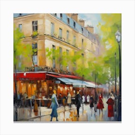 Paris Cafe Paris city, pedestrians, cafes, oil paints, spring colors. 1 Canvas Print