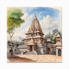 Hindu Temple Watercolor Painting Canvas Print