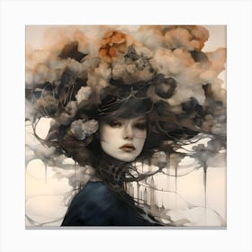 Ink & Watercolour Girl With Floral Hair, Surreal Witch 2 Canvas Print