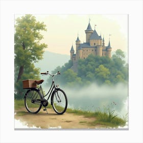 Classic Bike By A Historic Castle With Mist Watercolor 1 Canvas Print