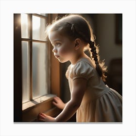 Cute Little Girl In Window Canvas Print