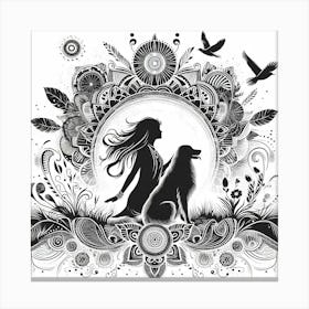 Boho art Silhouette of woman with dog 1 Canvas Print