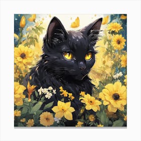 Black Cat In Flowers 1 Canvas Print
