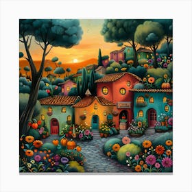 Village At Sunset, Naive, Whimsical, Folk 1 Canvas Print