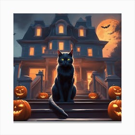 Halloween Cat In Front Of House 18 Canvas Print