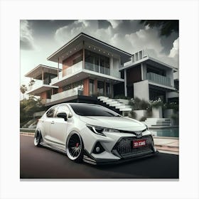 A White Toyota Corolla Gli Twin Cam With Full Body Kit In Front Of Modern Mansion 5 Lienzo