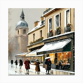 Paris cafes, winter season, Christmas, pale colors, pedestrians in the street, winter clothes, falling snow.1 Canvas Print