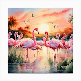 Sunset Tropical Pink Flamingos Canvas Print