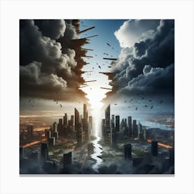 Broken city wit h dark clouds hovering over it with hope on the other side Canvas Print