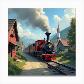 Majestic Steam Engine Steaming Through A Colorful Village 1 Canvas Print