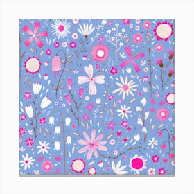 Pink and White Wild Flowers on Blue Canvas Print